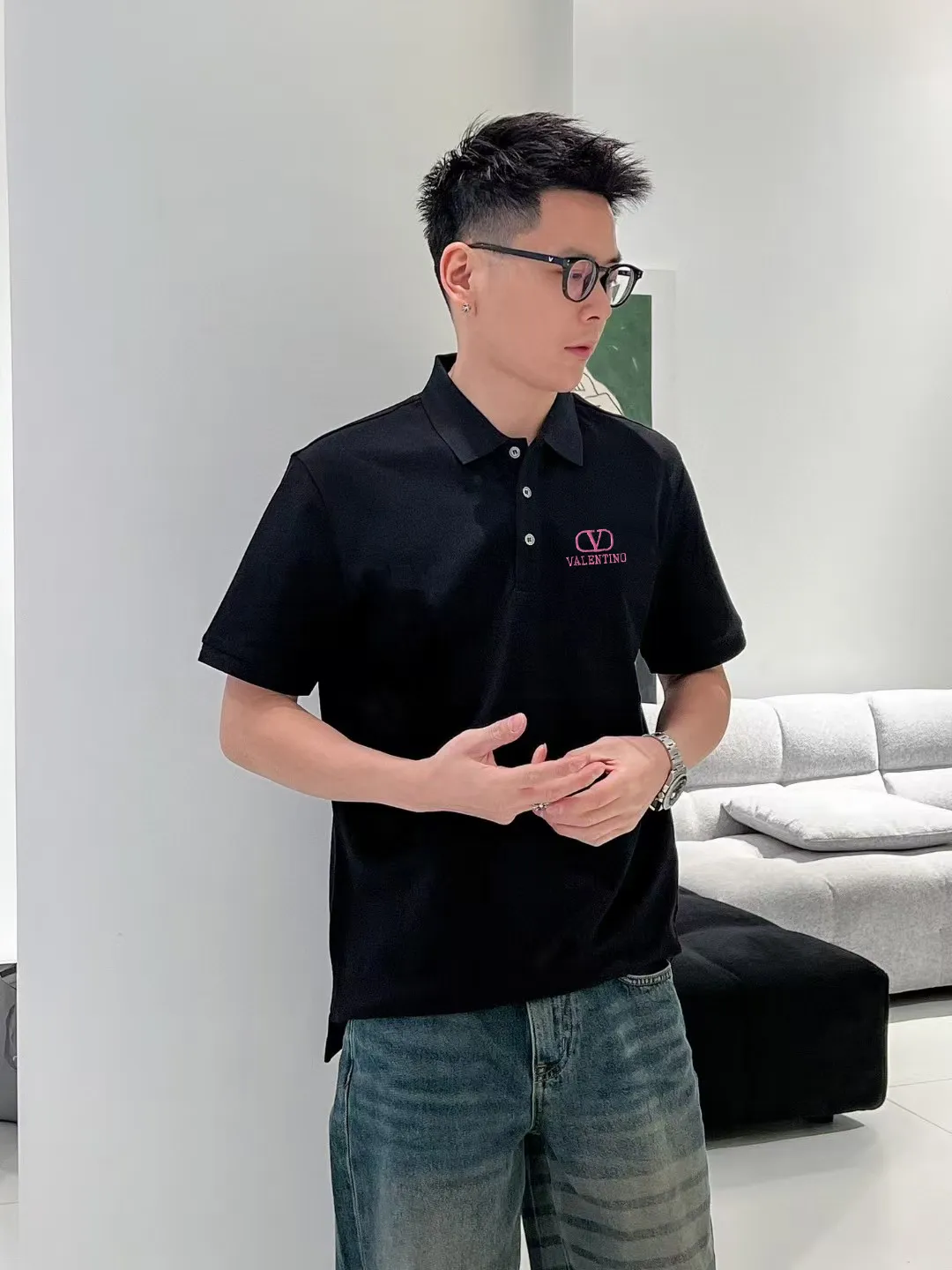 P100✨🔥 [valentine Valentino] 2026FW short-sleeved lapel polo shirt Color: Black White Size: S-XXL